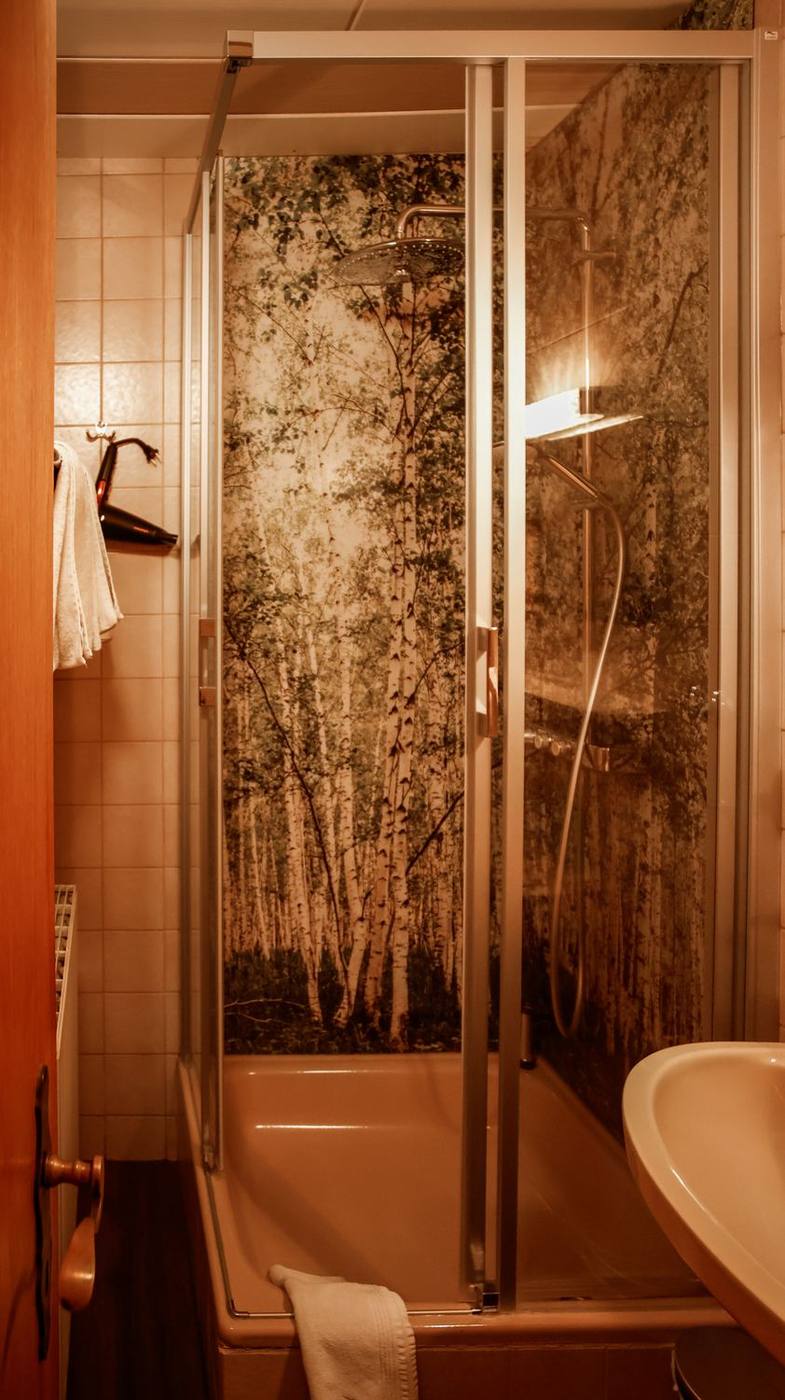 Dusche mit Birken-Wand-Motiv