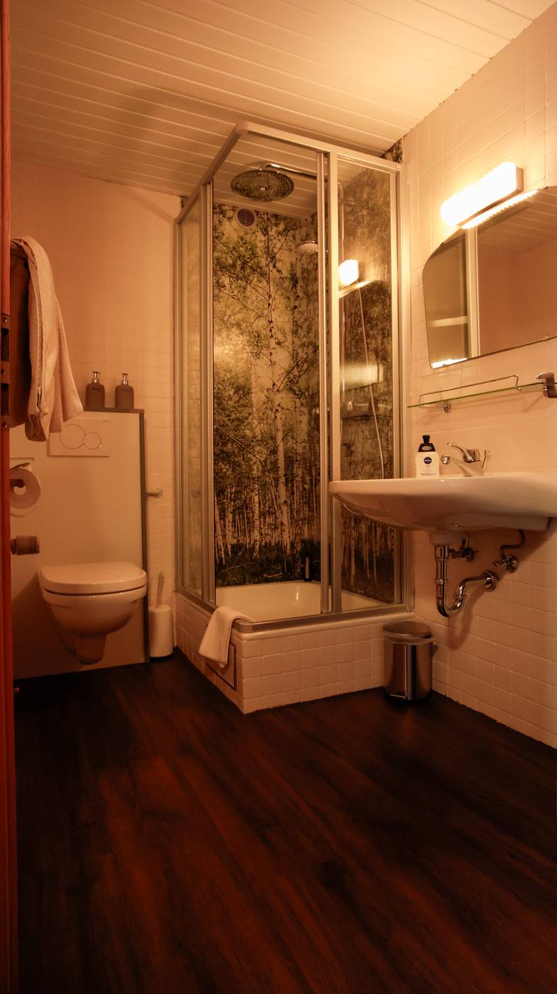 Geräumiges Bad mit Regendusche und Birkenwald-Motiv